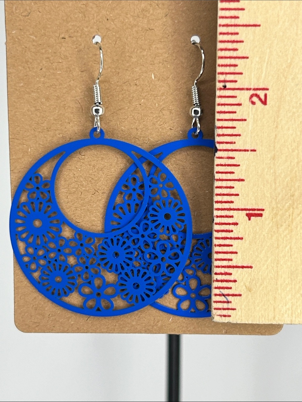 Blue Floral Filigree Hoop Earrings Fashion Jewelry Lightweight - Picture 2 of 4